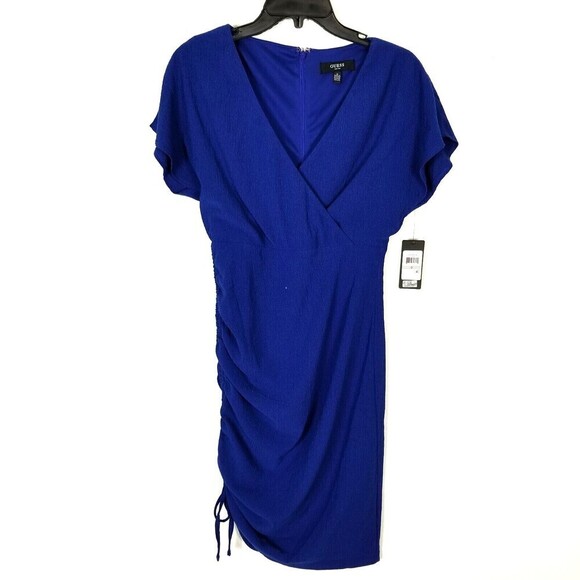 Guess Women Bodycon Dress Mini Ruched Side Short Sleeve Cobalt Blue 0 - Picture 3 of 6